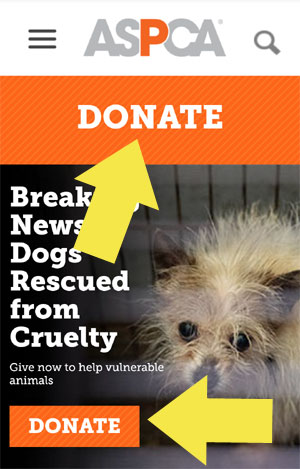 ASPCA mobile landing page.