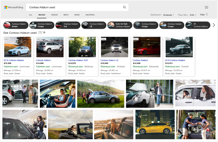 Exemple de résultats d'image Bing pour les annonces automobiles