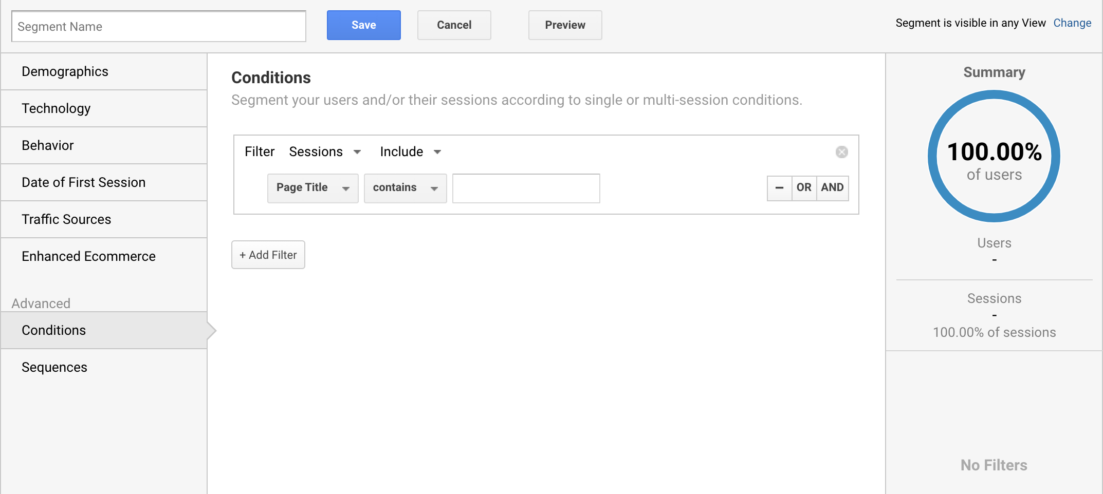 Adding a new segment on Google Analytics for visited Page Title.