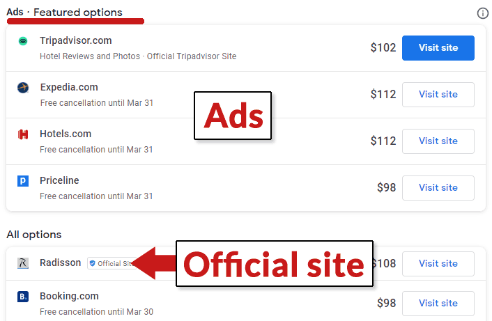 Screenshot Google Booking Links and Ads