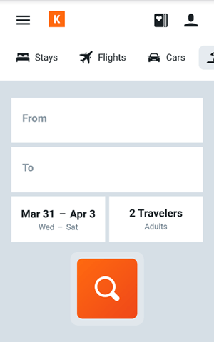 Kayak.com mobile landing page.