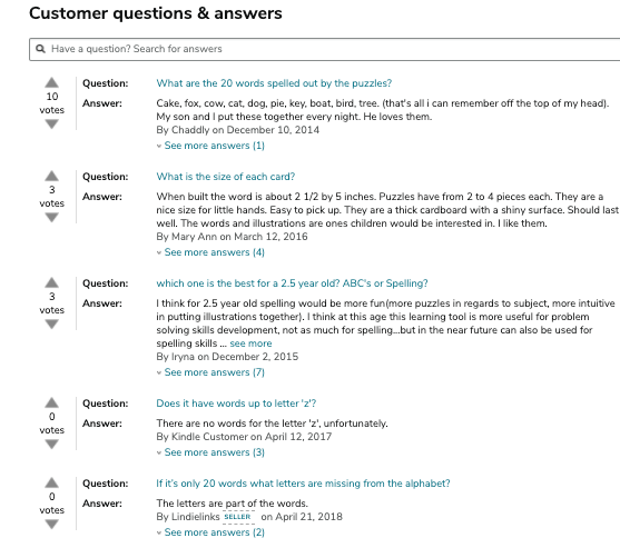 Screenshot of questions section of an Amazon listing