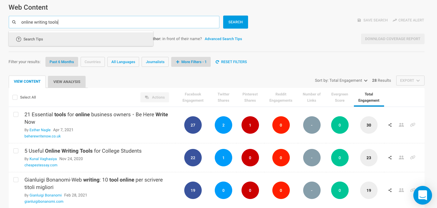 BuzzSumo shows you which articles, videos, and other content were most shared over a specific period of time, based on your keyword term.