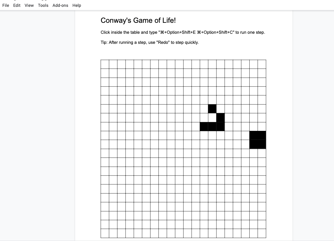 Conways Game of Life Google Docs