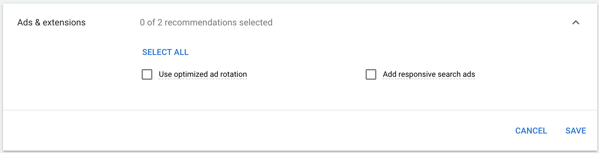 Google recommendations related to ads and extensions.
