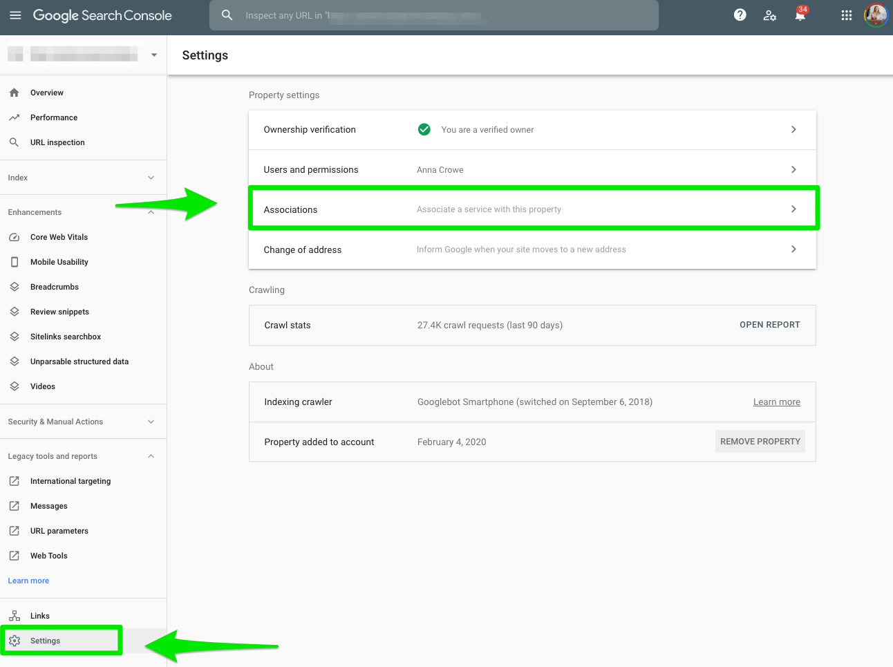 Google Search Console Associations page