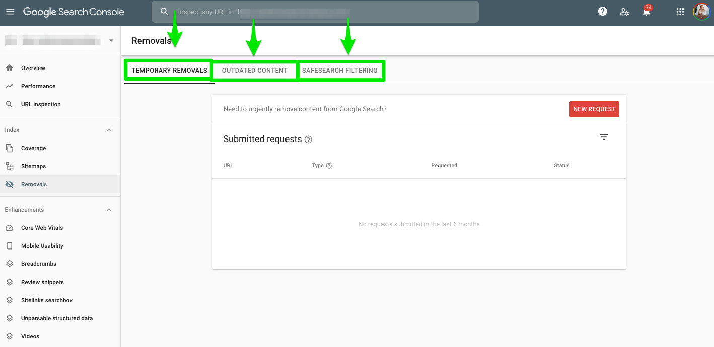 Google Search Console Removals section