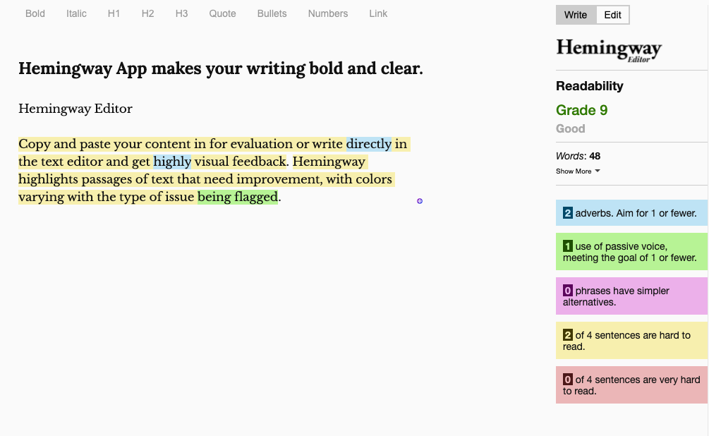 Hemingway Editor highlights passages of text that need improvement, with colors varying with the type of issue flagged. 