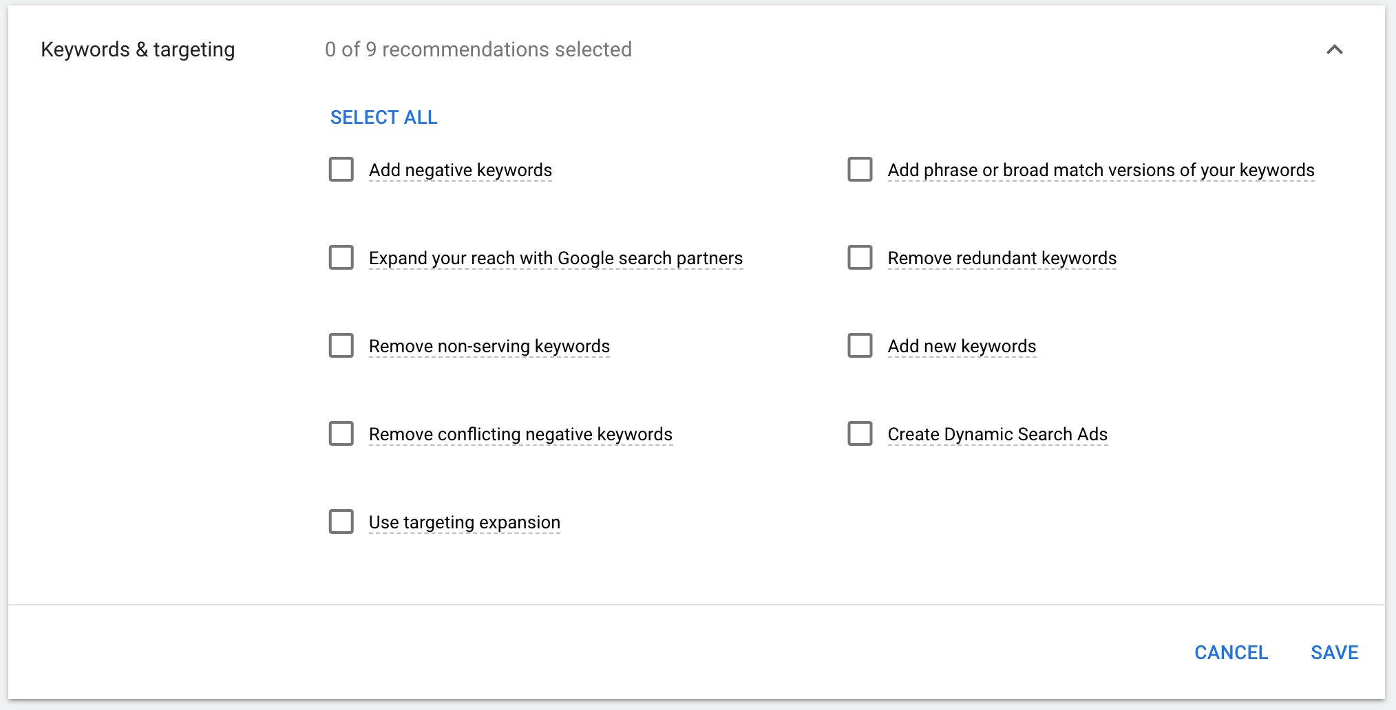 Recommendations for keywords and targeting.