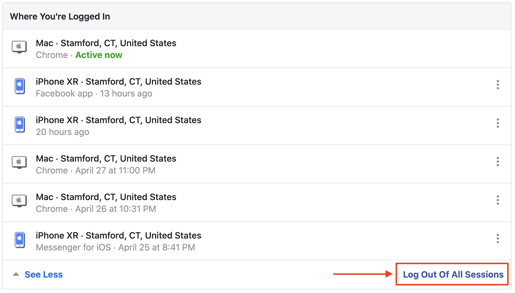 Devices where you're logged in on Facebook.