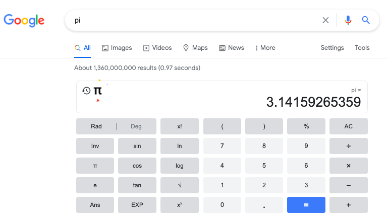 A calculator appears with the value of Pi.