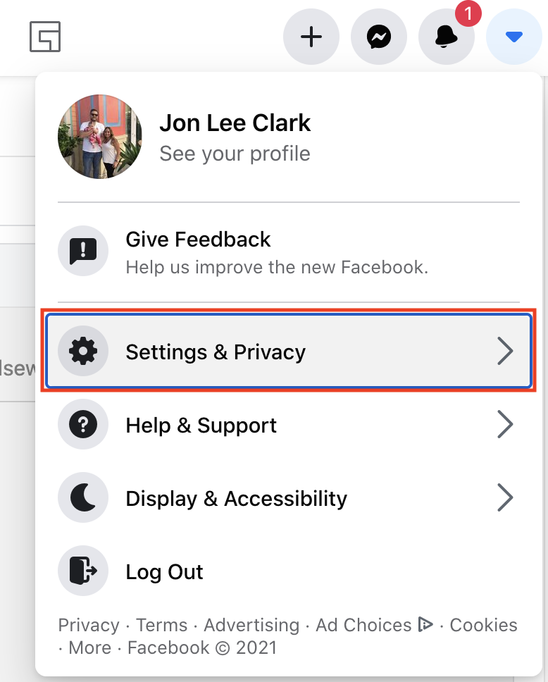 Settings and privacy option to choose on Facebook.