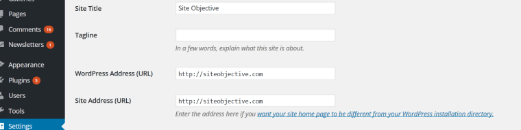 WordPress settings for Site Title, Tagline and Addresses.