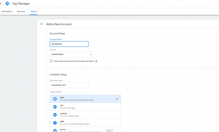 The Tag Manager interface will walk you through setting up a new account.