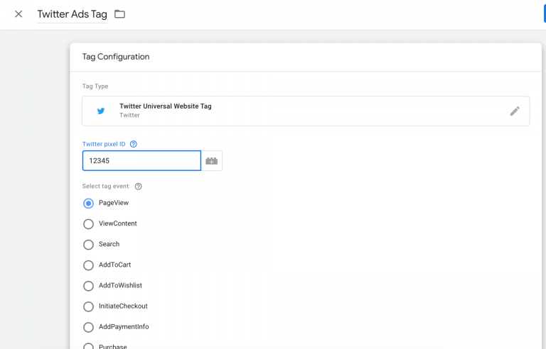 Insert the code into the “Twitter pixel ID” field in your GTM tag.
