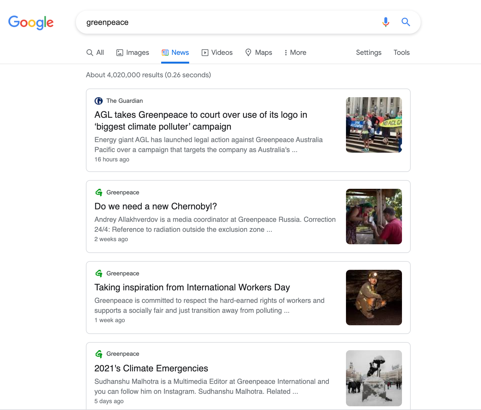 Branded news results for Greenpeace query in Google.