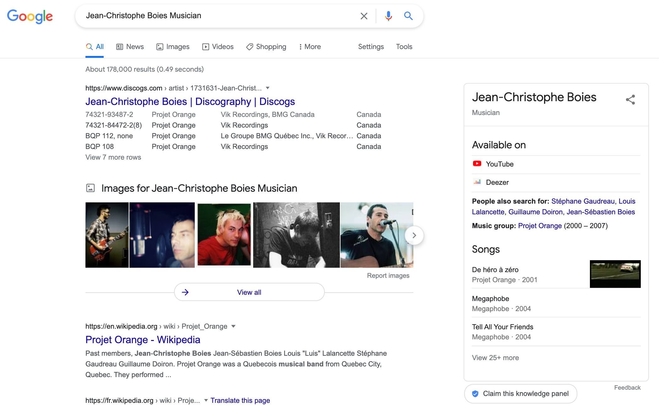 Knowledge Graph Results for Musician Jean Christophe Boies.