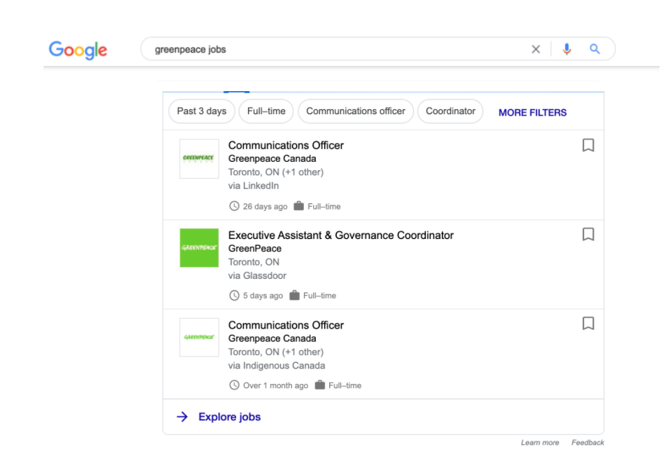 Greenpeace branded jobs search.