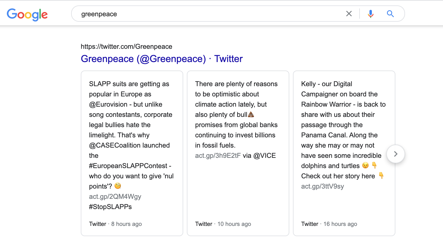 Twitter search results on Greenpeace.