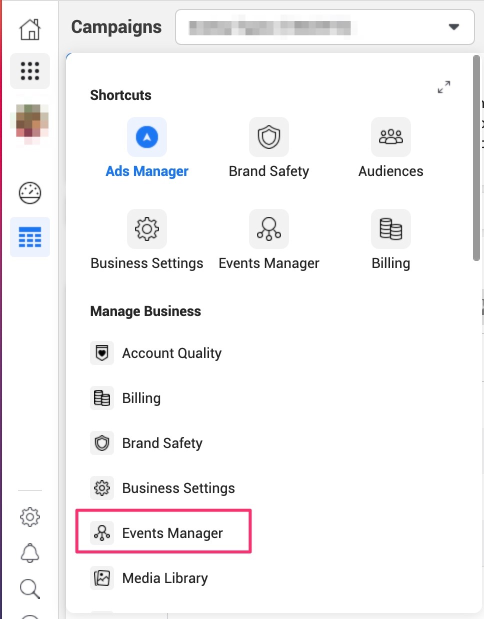 Select Events Manager in the Facebook navigation sidebar.