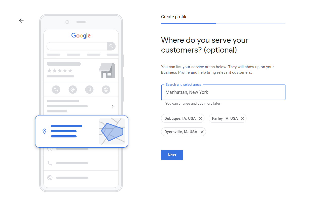 Adding service areas in Google My Business.