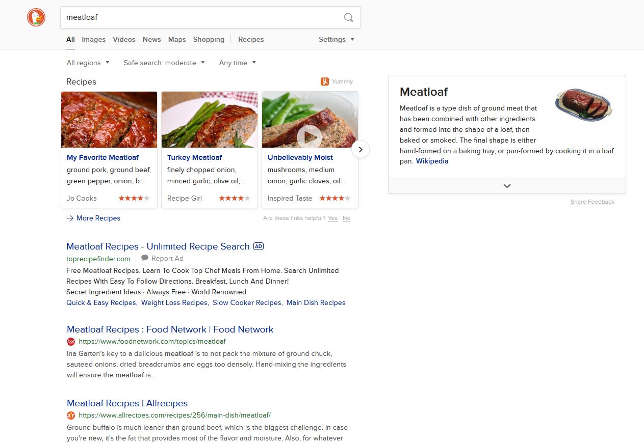 Search on a food dish on DuckDuckGo.