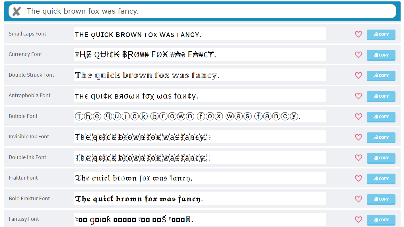 Post font options from Cool Fancy Text Generator.