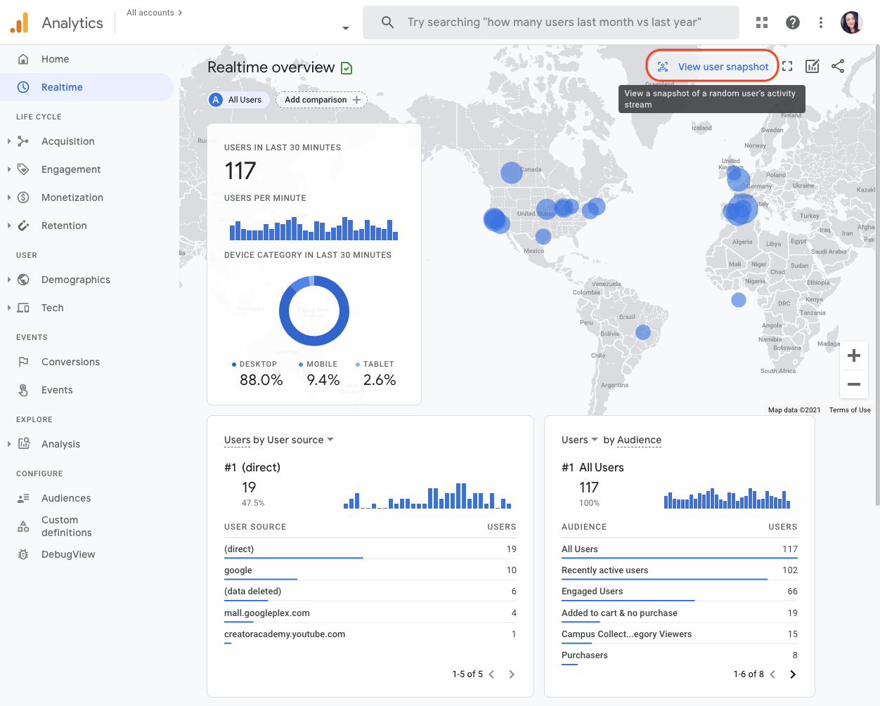 Realtime report on GA4.