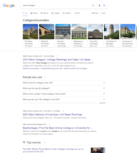 Google SERP for best colleges keywords.