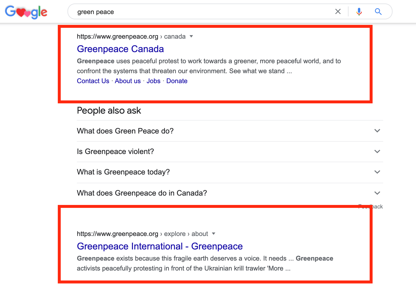 GreenPeace Website Pages in Branded Search.