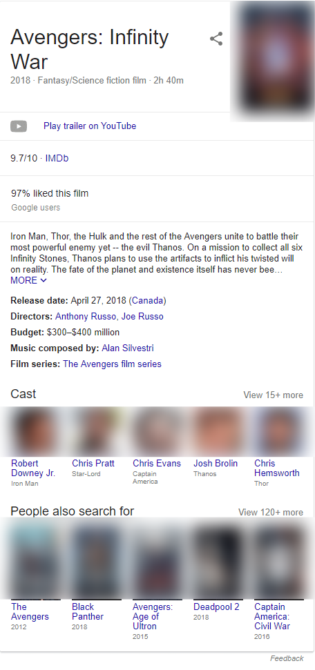 Screenshot of the knowledge panel for avengers: infinity war, with cast, release date, directors, budget, and other information.