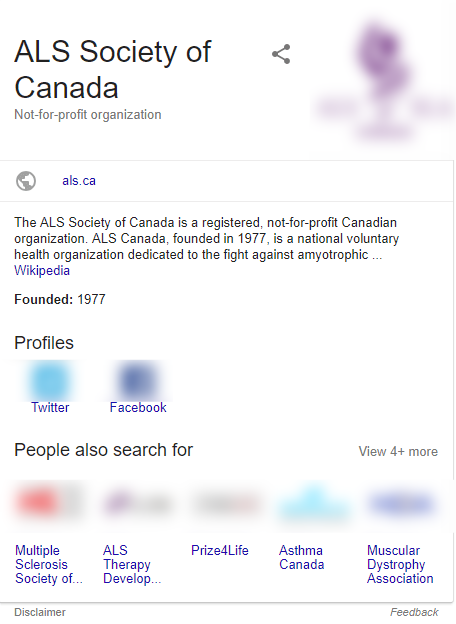 A knowledge graph panel of the ALSO society of canada, with information about the company, social media profiles, and other MS and ALS charities.