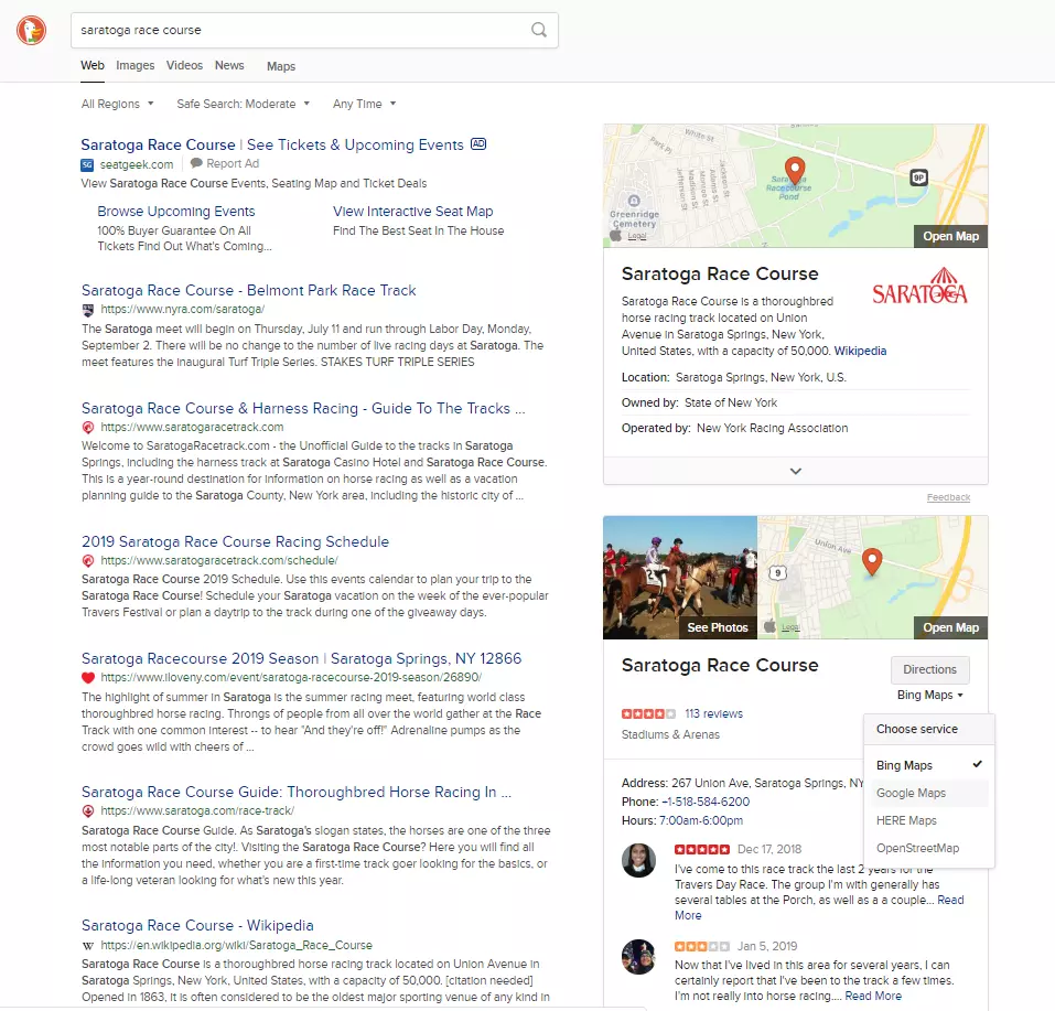Business-location direction search on DuckDuckGo.