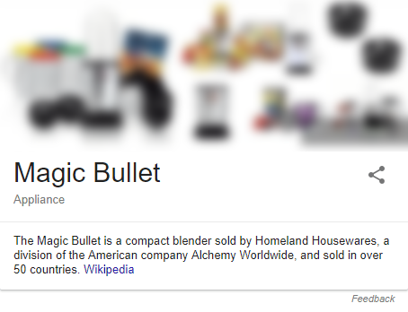 Screenshot of a knowledge panel about the magic bullet compact blender, with information about the bullet.
