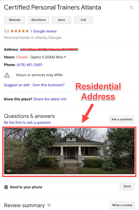 SAB listing with a residential address.