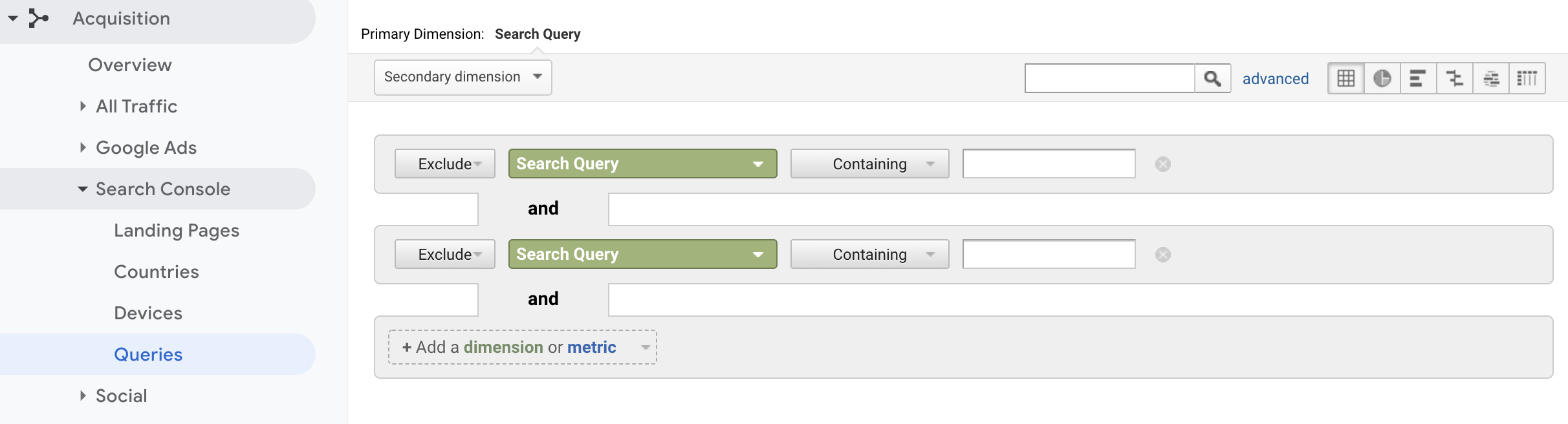 Screenshot of google analytics filter.