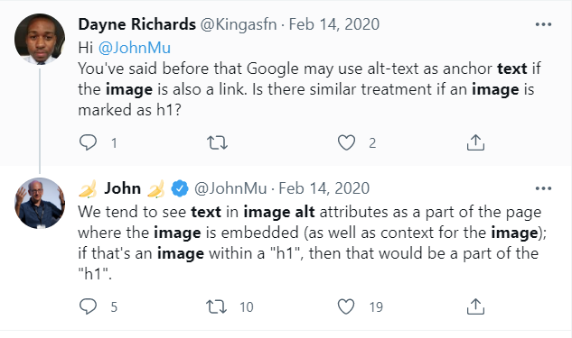 Screenshot of tweet from John Mueller explaining how Google sees image alt text.