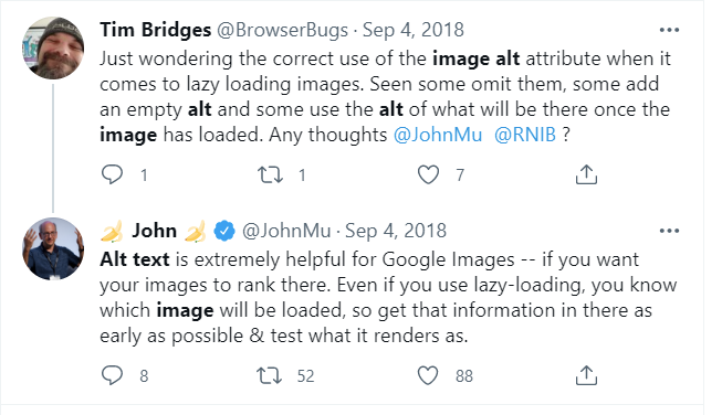 Screenshot of a tweet from John Mueller explaining that alt text is very helpful for Google images, even when using lazy load.