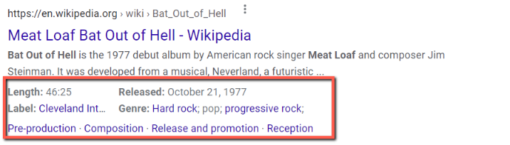 Screenshot of music markup showing up in the Google search results.