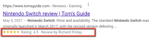 Screenshot of reviews markup showing up in the Google SERPs.