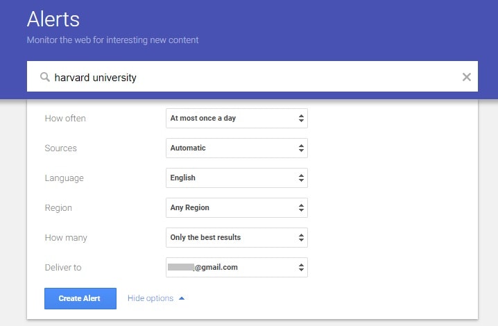 Screenshot showing all of the options for Google Alerts.