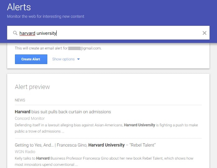 Search results for "harvard university" in Google Alerts.