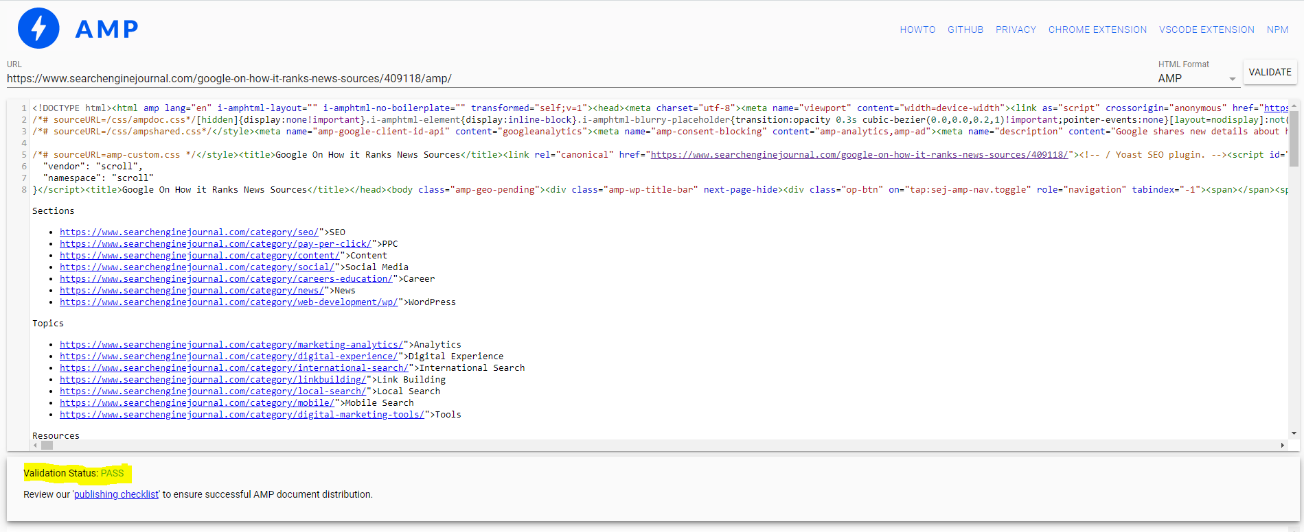 AMP validation tool test using SEJ.