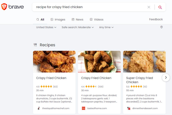 Screenshot of Brave Search Recipe SERPs