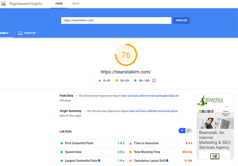 PageSpeed Insights on Beanstalk's website with Cloud Flare's pro version.