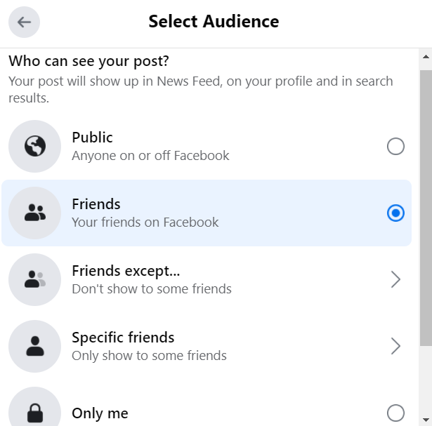 Post visibility options on Facebook.