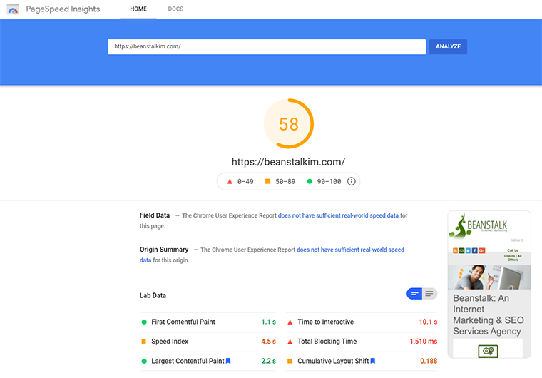 PageSpeed Insights score using Hummingbird.