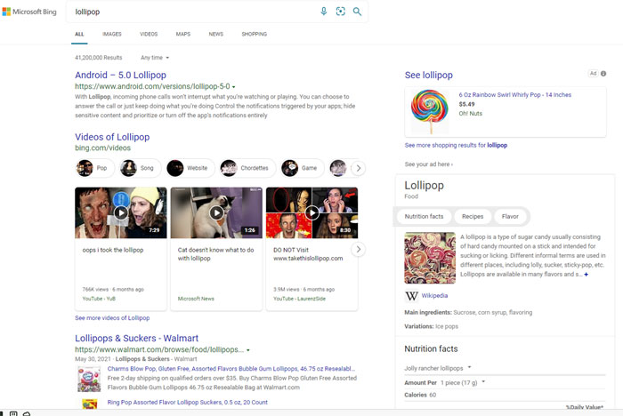 Screenshot of Bing Search results for lollipop