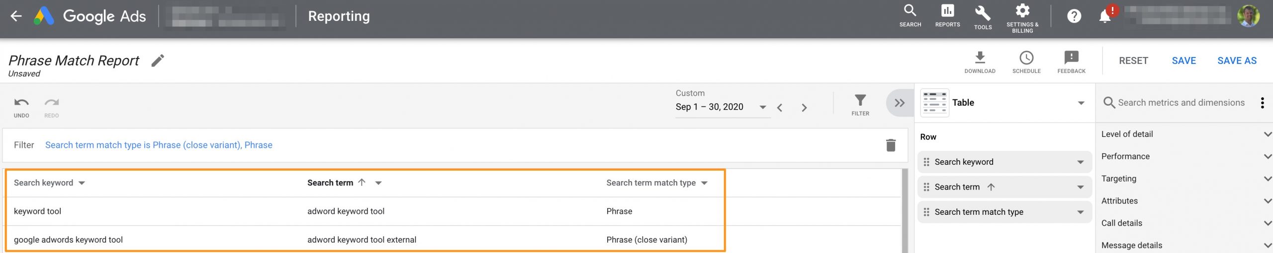 Build a phrase match close variant report.