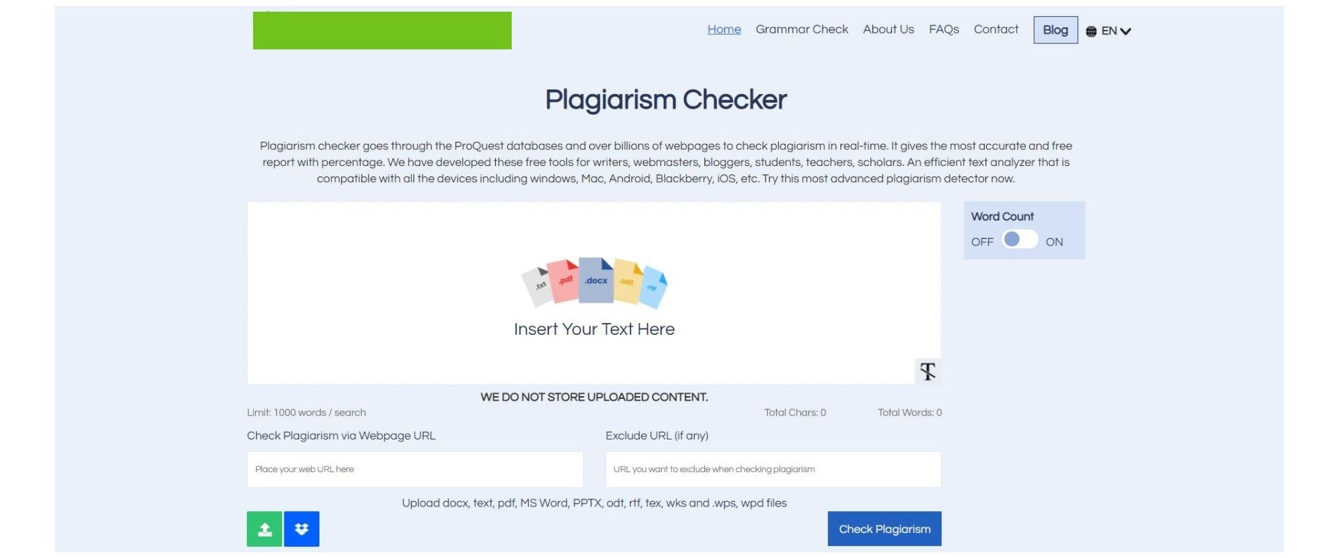 Homepage of Plagiarism Checker tool.